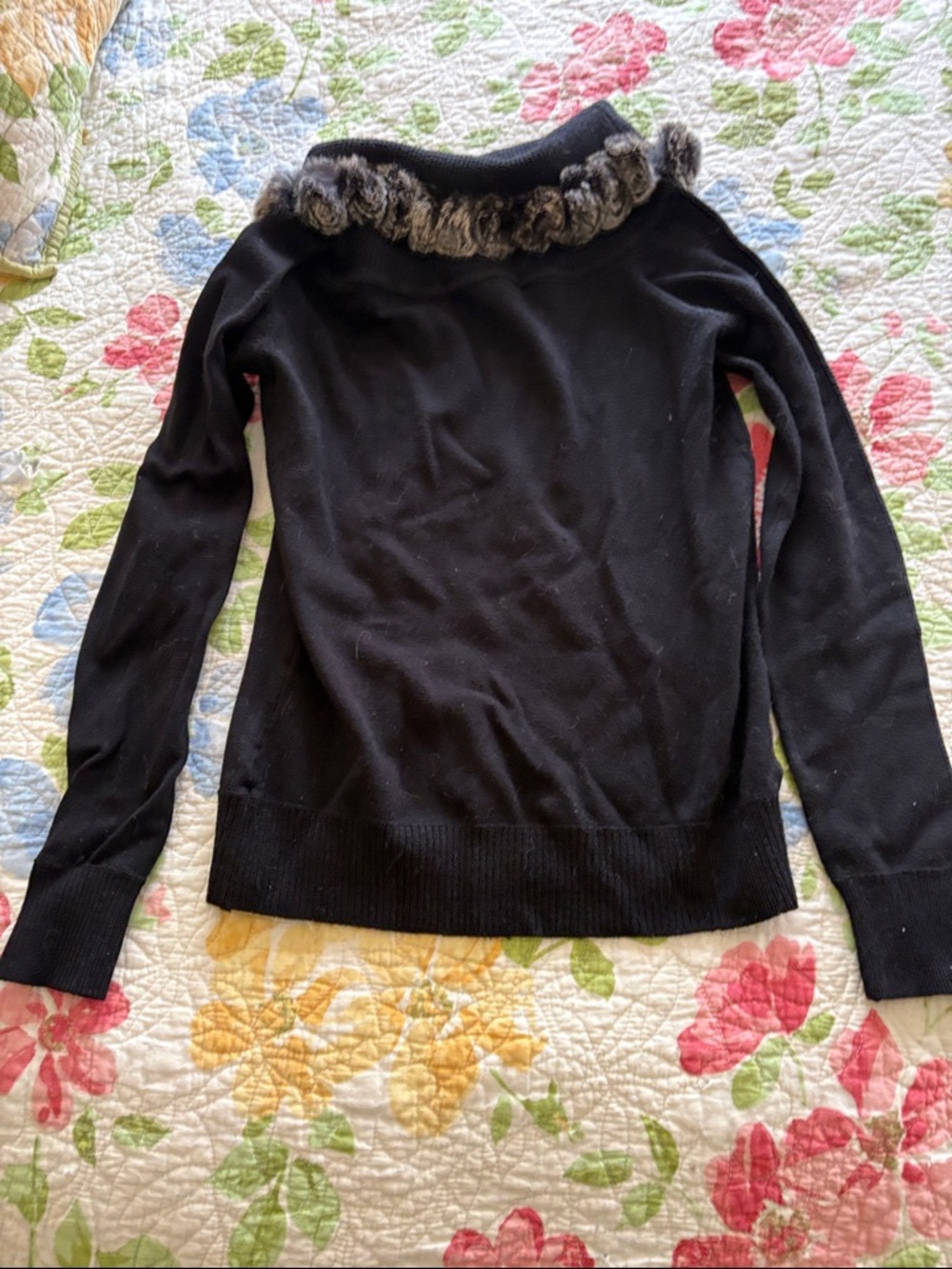 Off-the-Shoulder Black Sweater with Faux Fur Trim